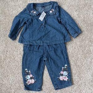 Denim Baby Two-Piece Set with Floral Embroidery